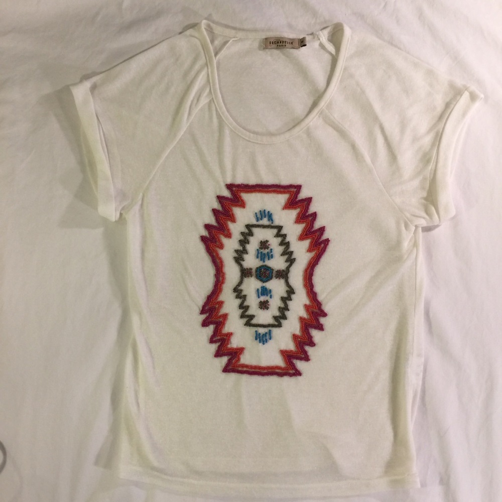 🪶Escandelle funky fun Aztec beaded off white top